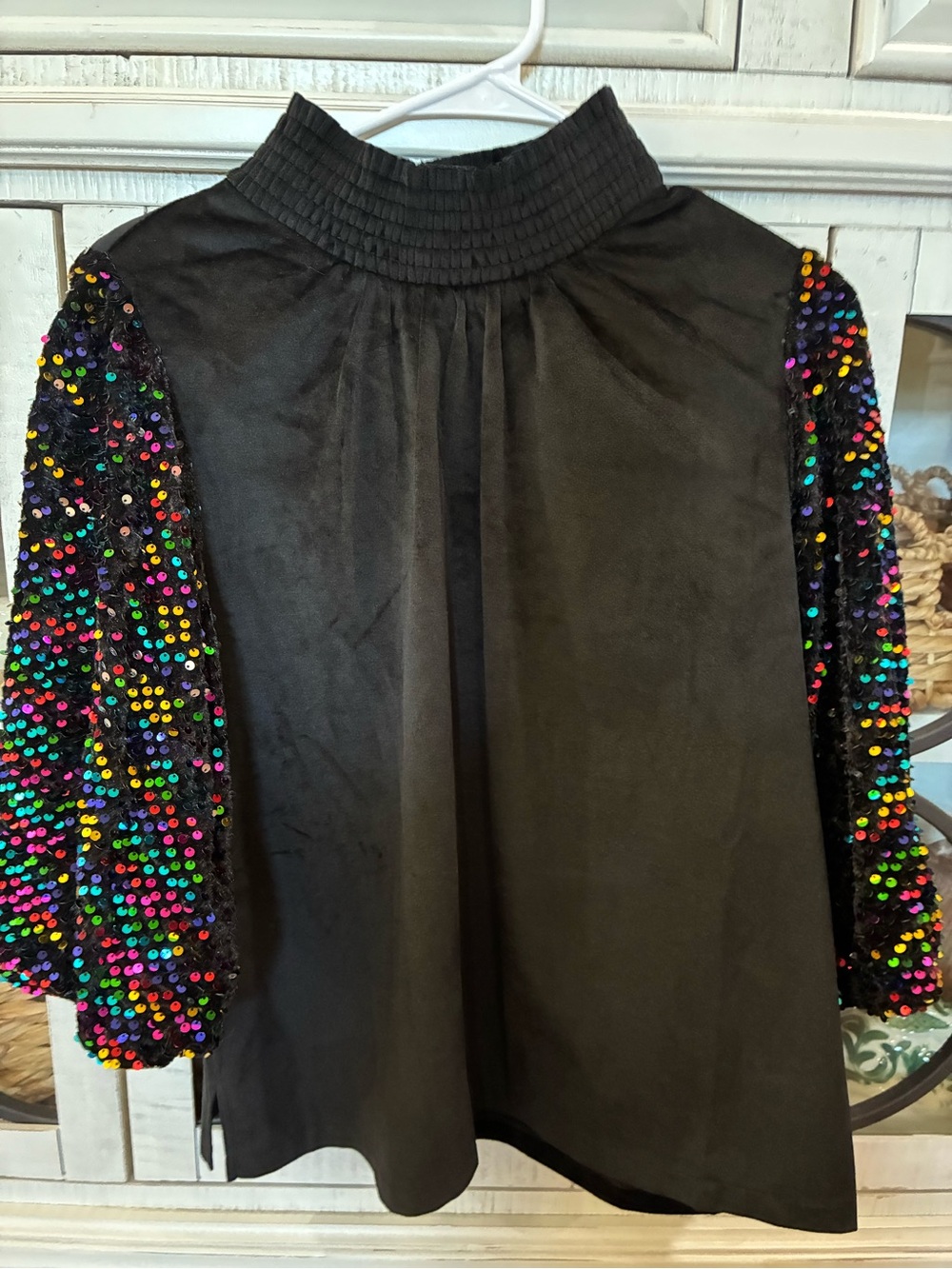 ODDY Black Top with Multicolor Sequin Puff Sleeves